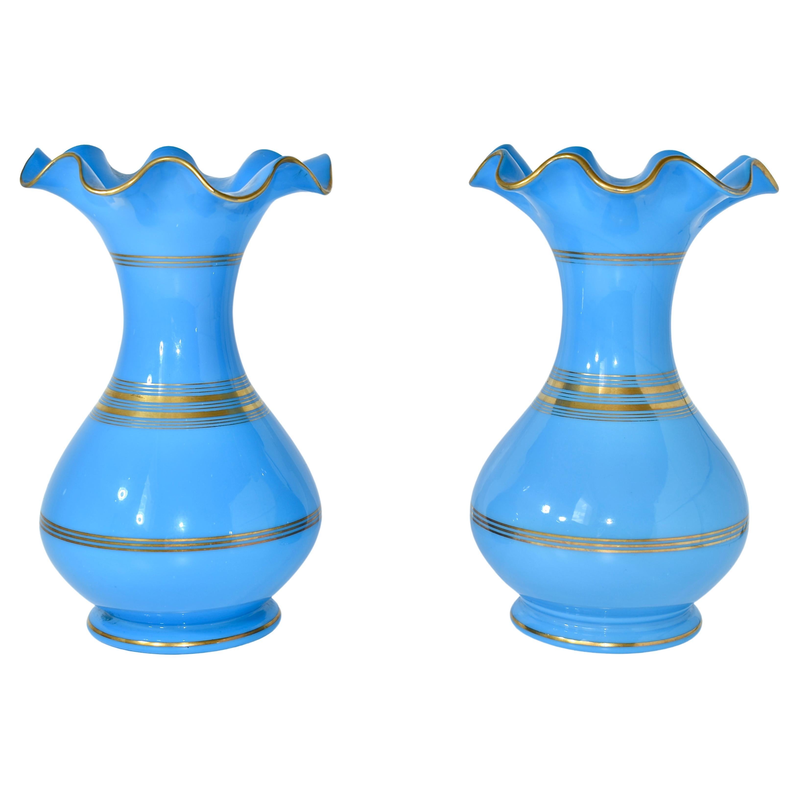 Gilt Antique Pair of French Opaline Glass Vases, 19th Century, Charles X For Sale