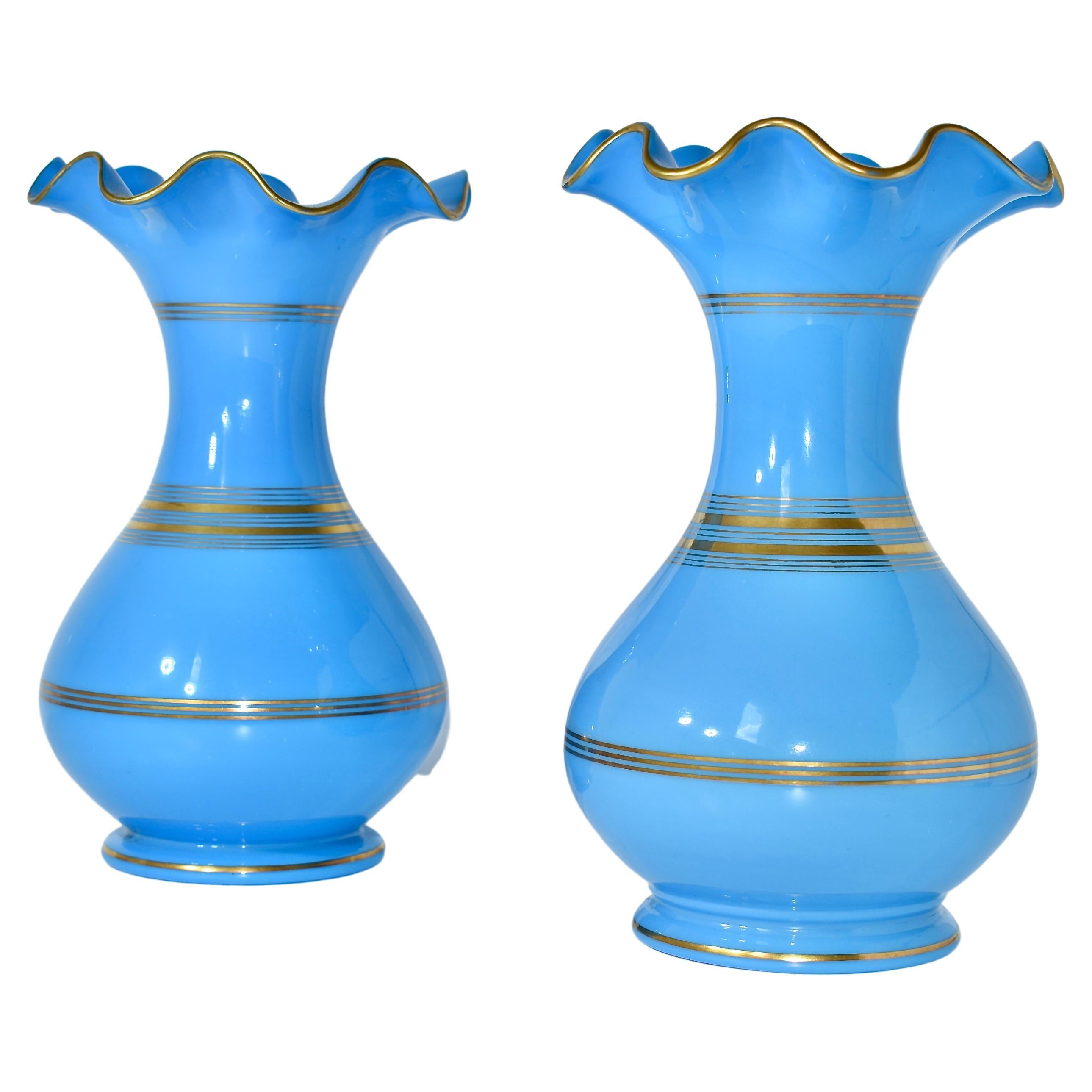 Antique Pair of French Opaline Glass Vases, 19th Century, Charles X For Sale 1