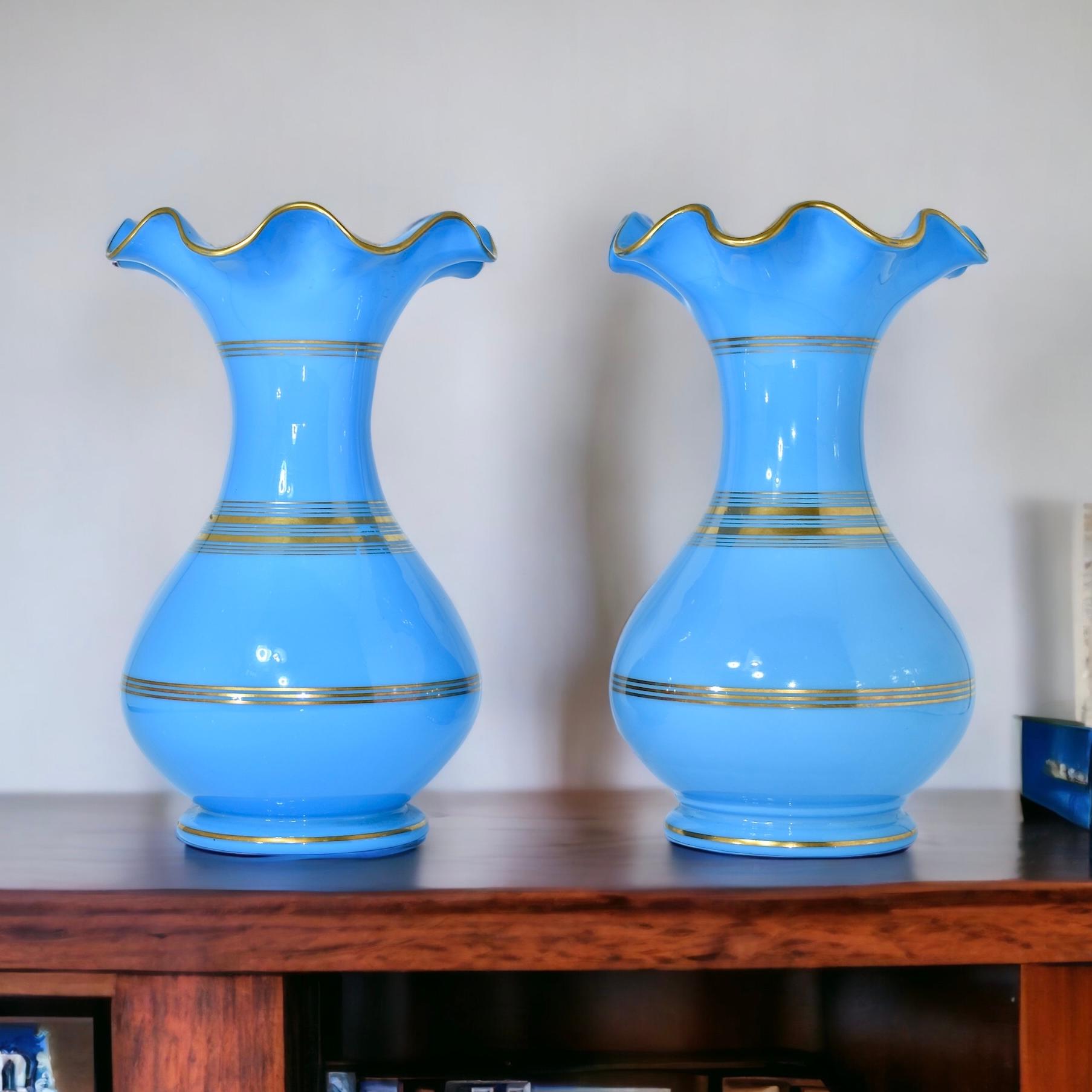 Antique Pair of French Opaline Glass Vases, 19th Century, Charles X For Sale 2