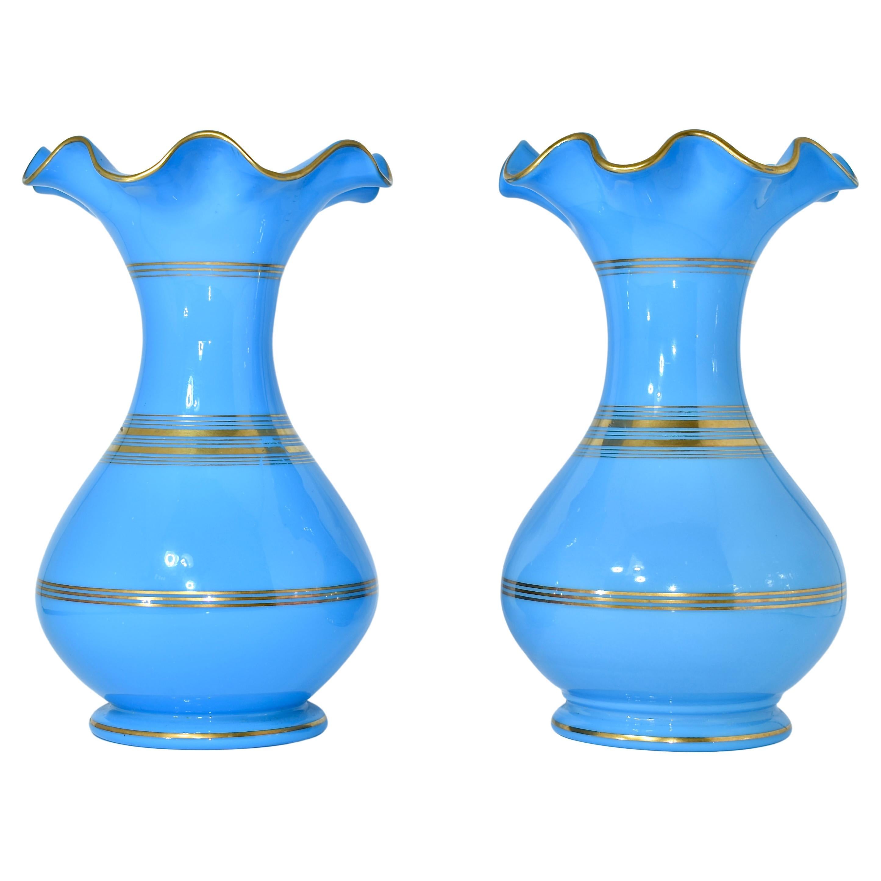 Un set di 2 vasi in vetro opalino abbinati

Bellissimo colore blu con decorazioni dorate e bordi smerlati ondulati.

Francia, XIX secolo

Misura 23 cm di altezza