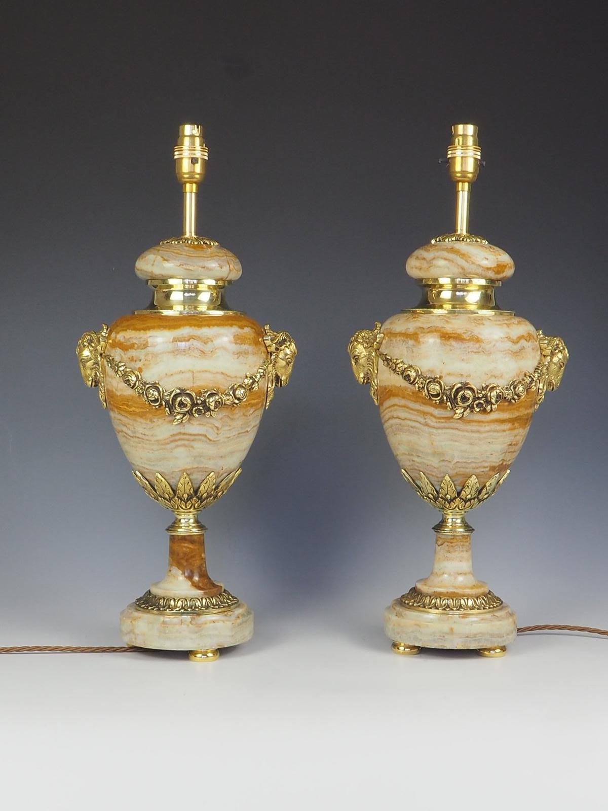 19th Century Antique Pair of French Ormolu Cassolette Marble Table Lamps For Sale