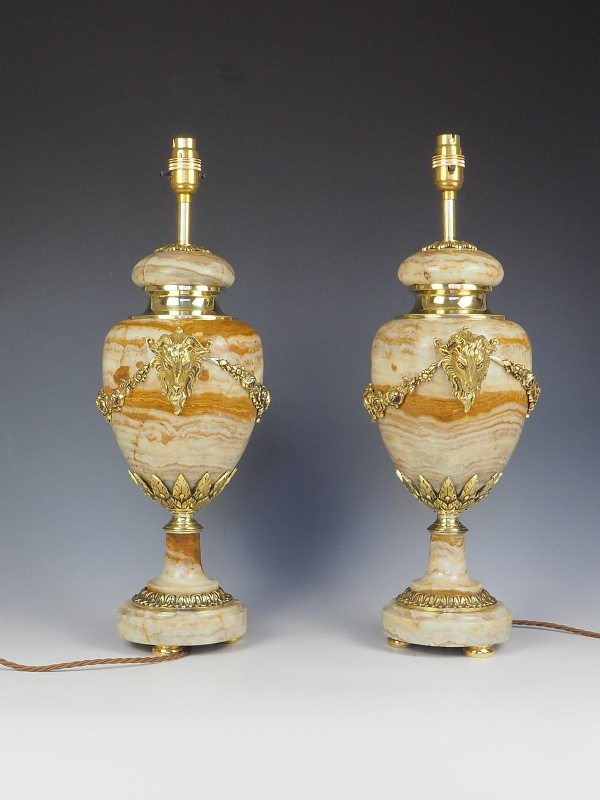Antique Pair of French Ormolu Cassolette Marble Table Lamps For Sale 1