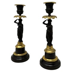 Antique Pair of French Ormolu Gilt Bronze Empire Candlesticks Egyptian Figures