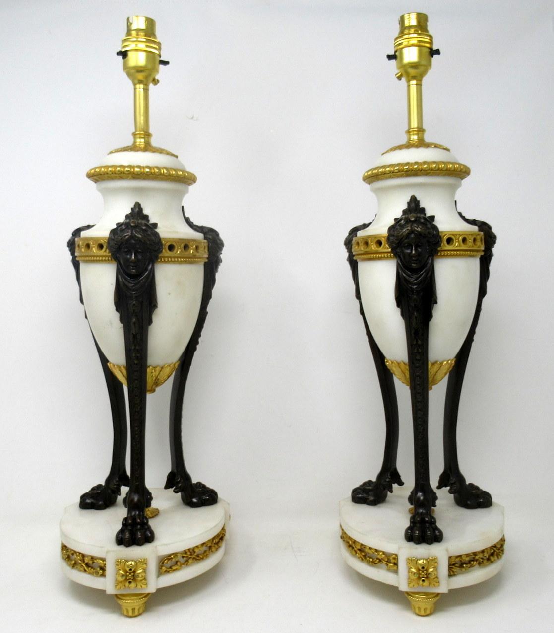 Antique Pair of French Ormolu Gilt Bronze White Cream Marble Urns Table Lamps In Good Condition In Dublin, Ireland