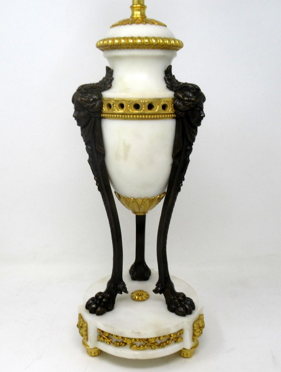 19th Century Antique Pair of French Ormolu Gilt Bronze White Cream Marble Urns Table Lamps