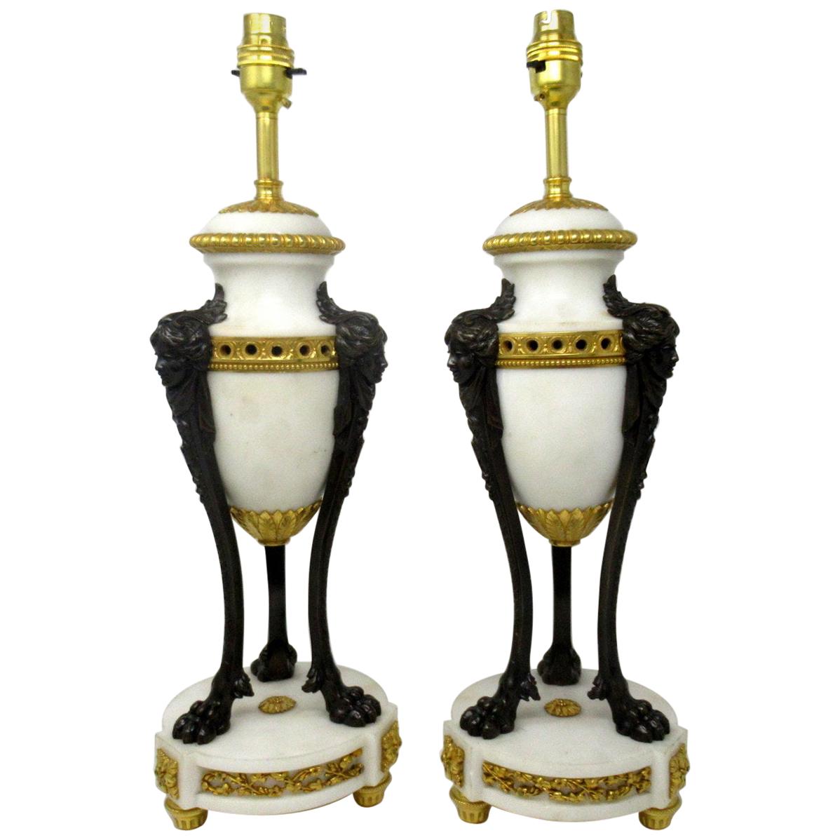 Antique Pair of French Ormolu Gilt Bronze White Cream Marble Urns Table Lamps