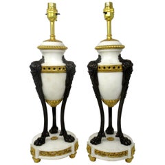 Antique Pair of French Ormolu Gilt Bronze White Cream Marble Urns Table Lamps