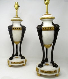 Antique Pair of French Ormolu Gilt Bronze White Cream Marble Urns Table Lamps