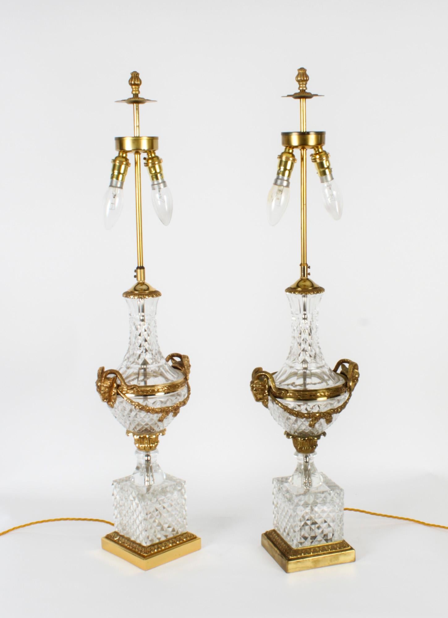 Antique Pair of French Ormolu & Glass Baccarat Table Lamps, Mid 20th C 9