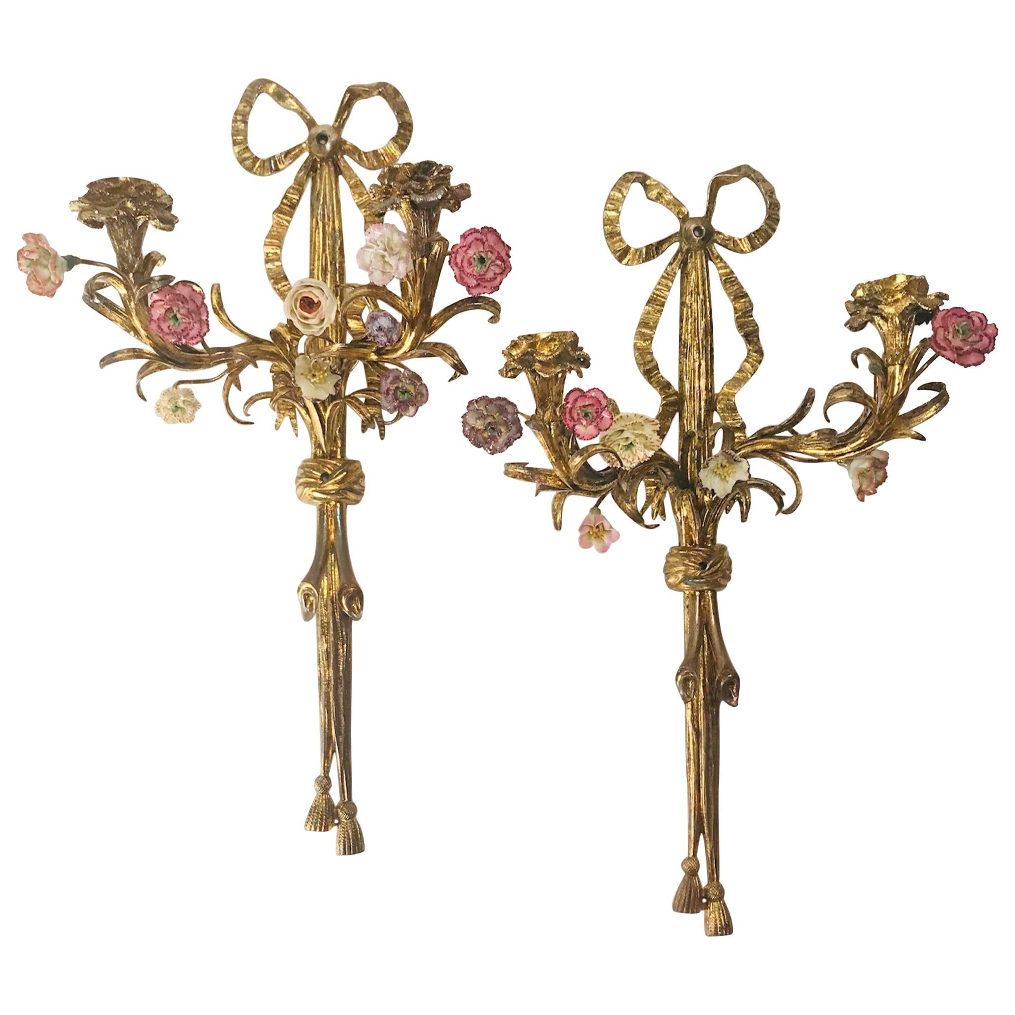 Antique Pair of French Ormolu Twin Light Wall Sconces after Pierre Gouthiere
