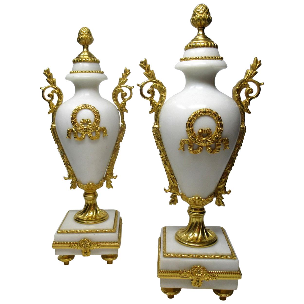 Antique Pair of French Ormolu White Cream Marble Garniture Vases Urns