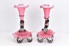 Antique Pair of French Overlay Opaline Art Glass Epergnes, 19th Century