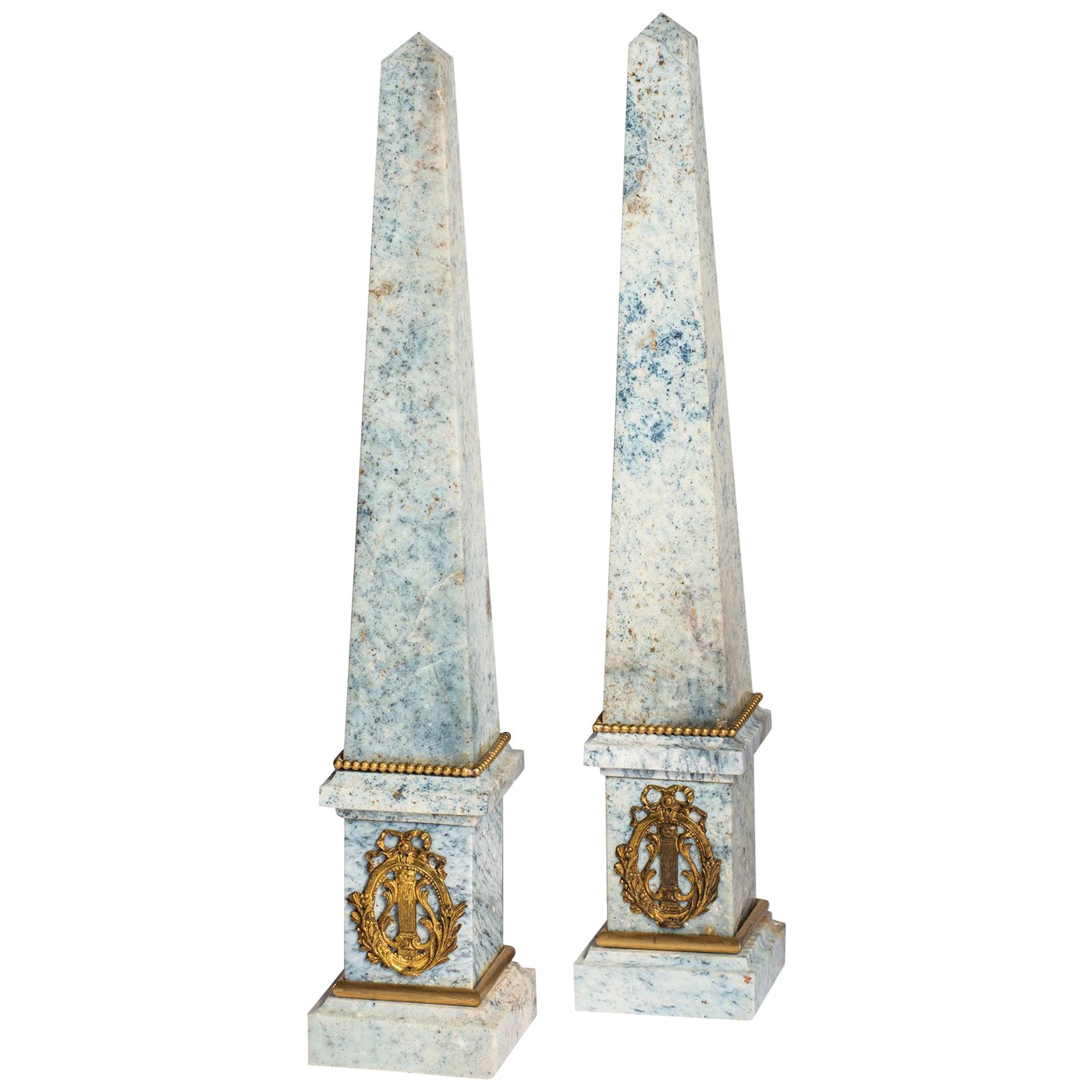 Antique Pair of French Pale Blue Natural Jasper and Ormolu Obelisks