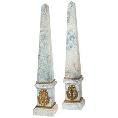 Antique Pair of French Pale Blue Natural Jasper and Ormolu Obelisks