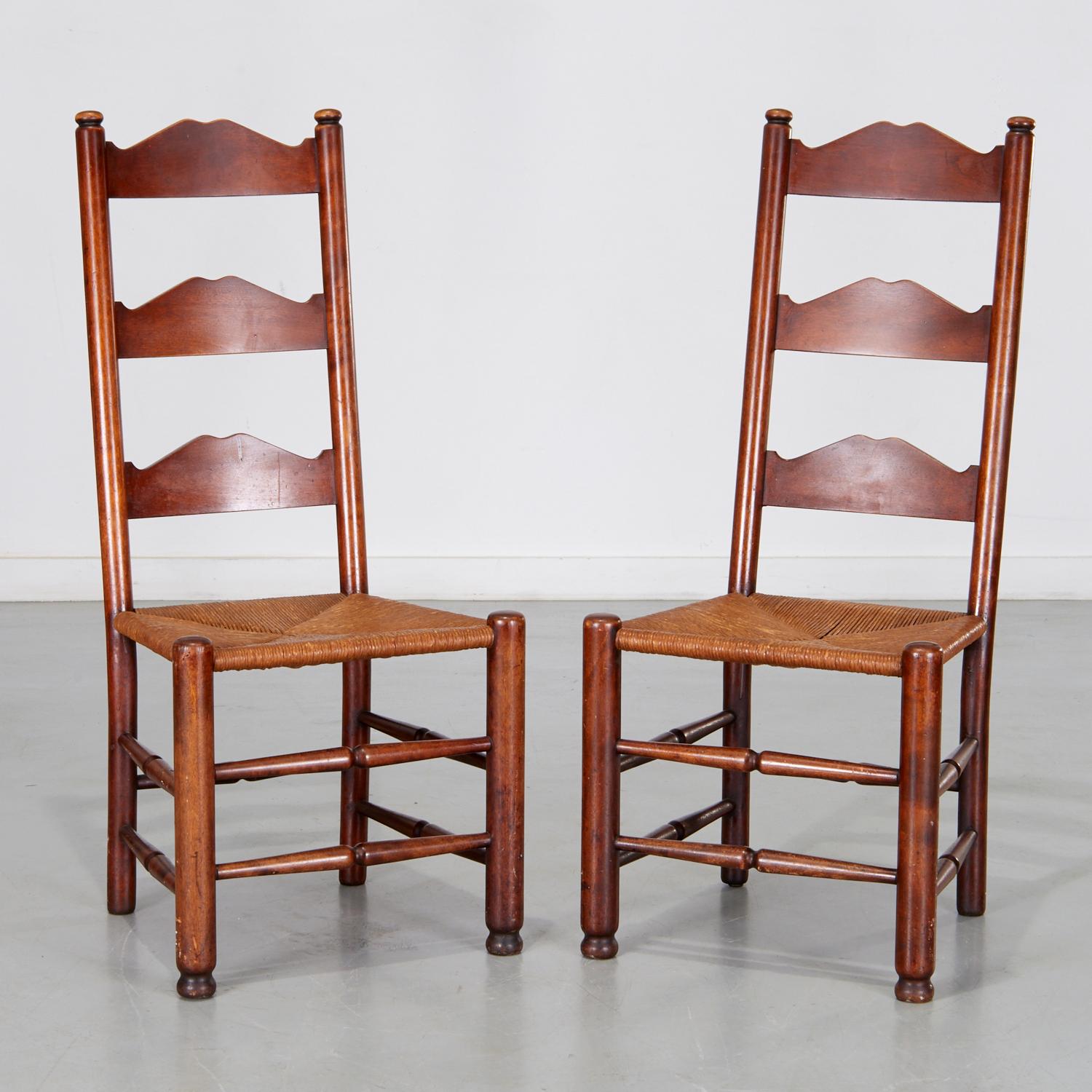 Antique Pair of French Provincial Ladder Back Chairs with Rush Seats For Sale 1