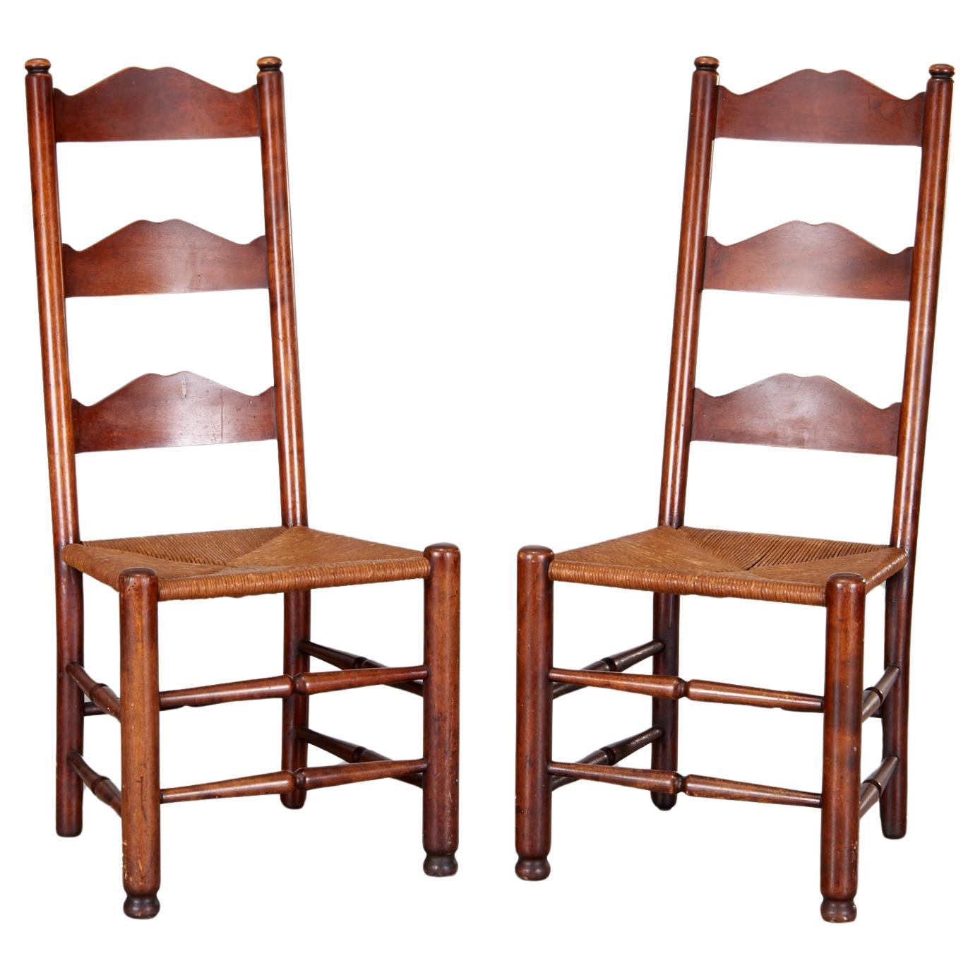 Antique Pair of French Provincial Ladder Back Chairs with Rush Seats For Sale