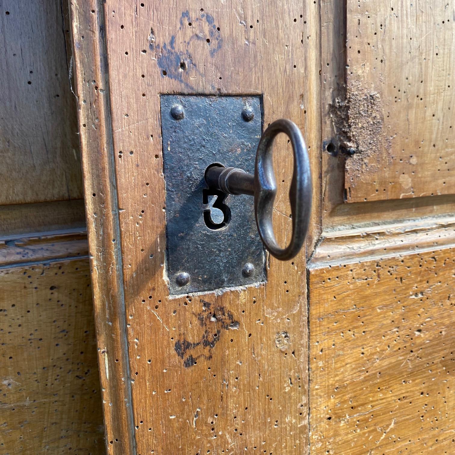 Coppia di porte in legno di noce con pannelli della provincia francese con chiave originale In condizioni deteriorate in vendita a Hopewell, NJ