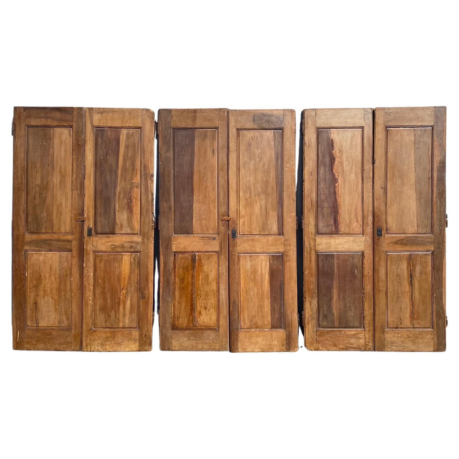 Antique Pair of French Provincial Paneled Walnut Doors with Original Key