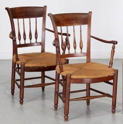 Antique Pair of French Provincial Turned Wood Arm Chairs with Rush Seats