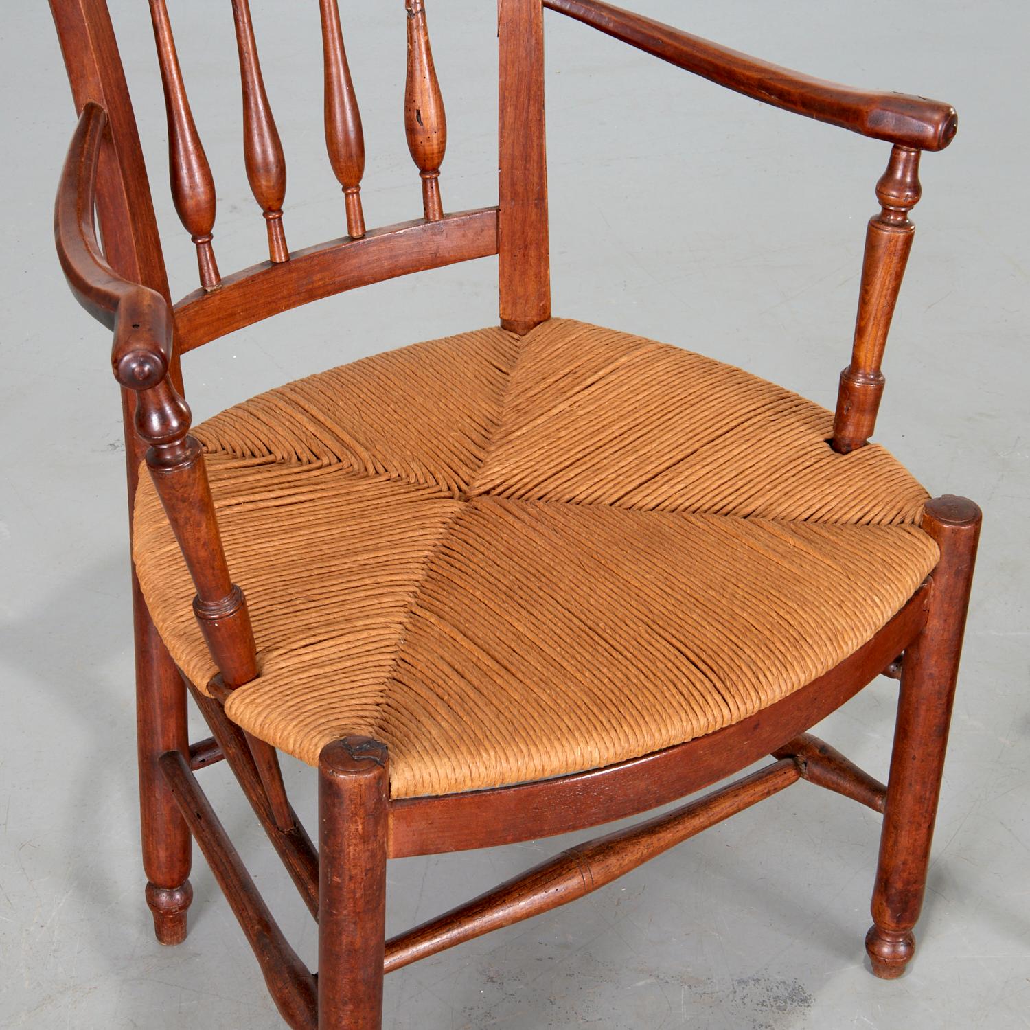 Hand-Crafted Antique Pair of French Provincial Turned Wood Arm Chairs with Rush Seats For Sale