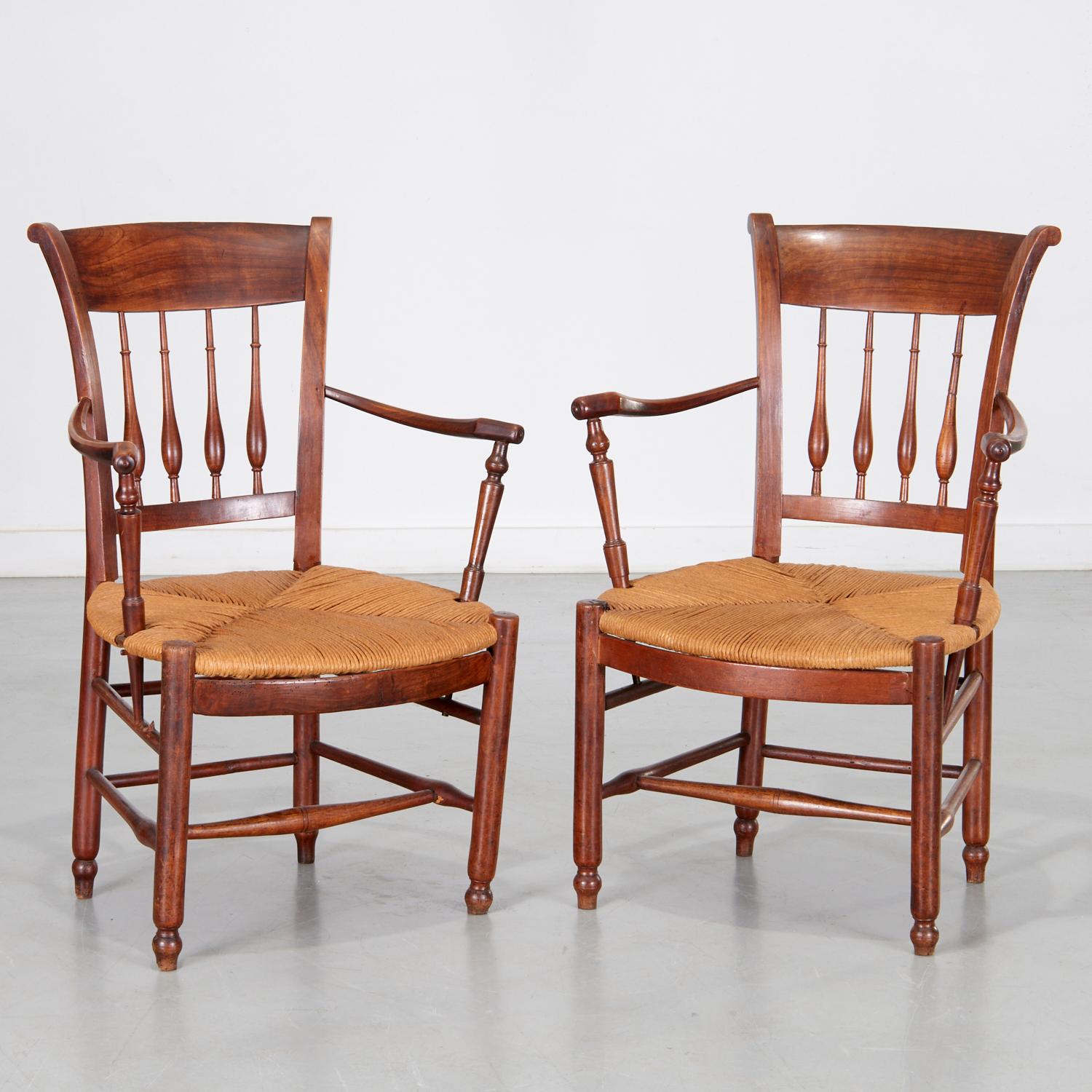 Antique Pair of French Provincial Turned Wood Arm Chairs with Rush Seats For Sale 2