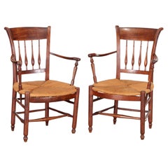 Antique Pair of French Provincial Turned Wood Arm Chairs with Rush Seats