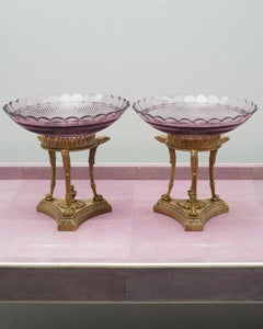 Antique Pair of French Purple Cut Crystal & Bronze Compotes / Tazzas / Bowls