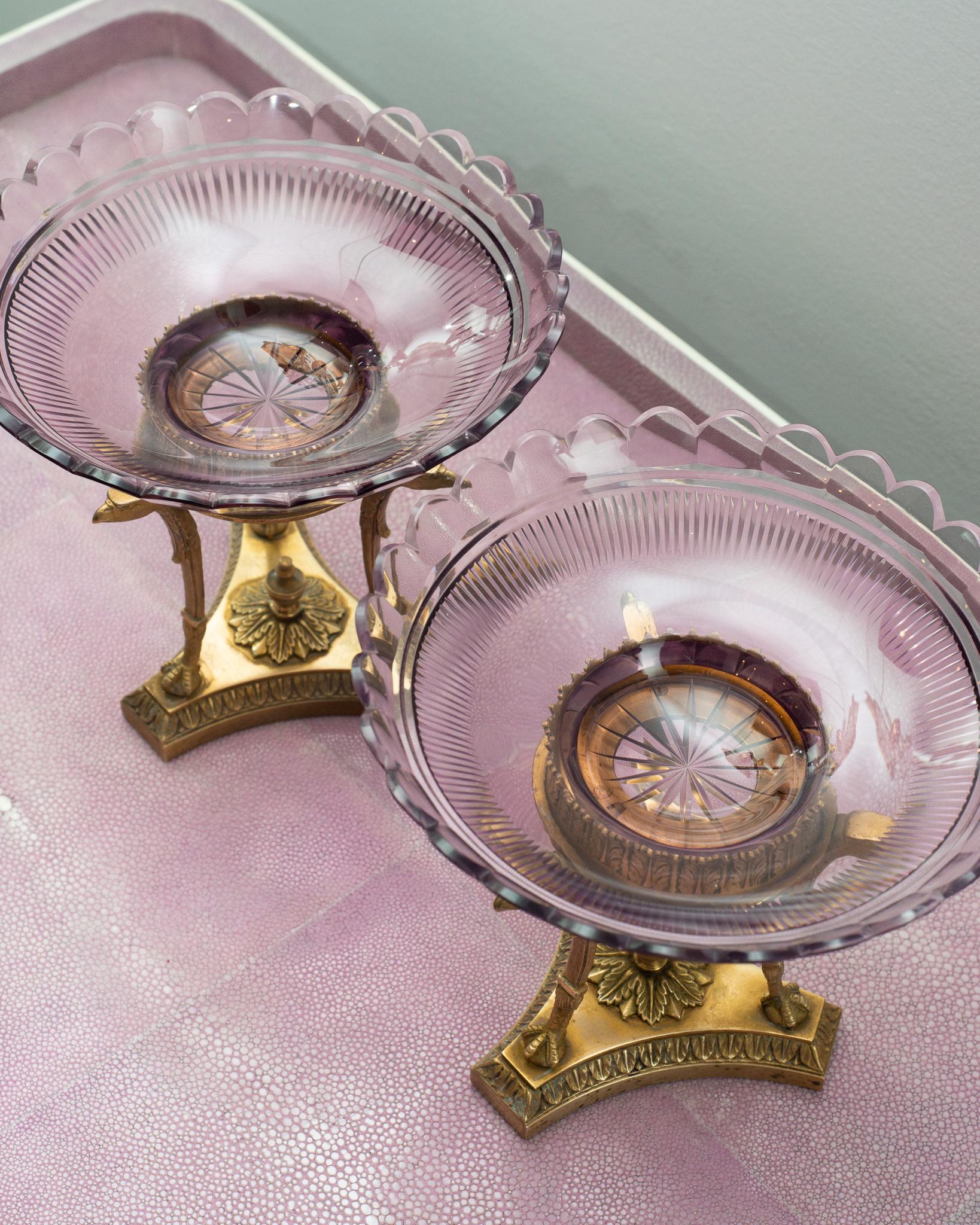 20th Century Antique Pair of French Purple Cut Crystal & Bronze Compotes / Tazzas / Bowls For Sale