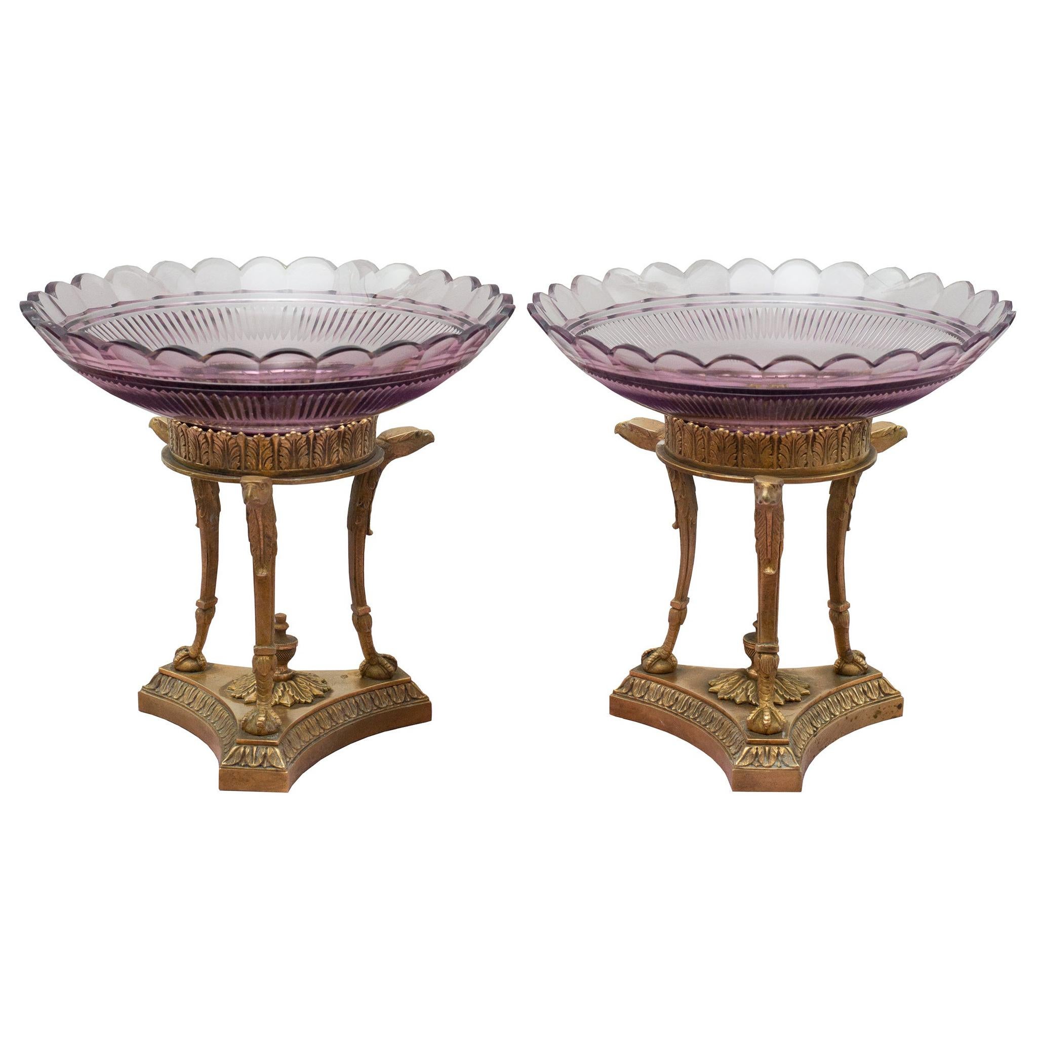 Antique Pair of French Purple Cut Crystal & Bronze Compotes / Tazzas / Bowls