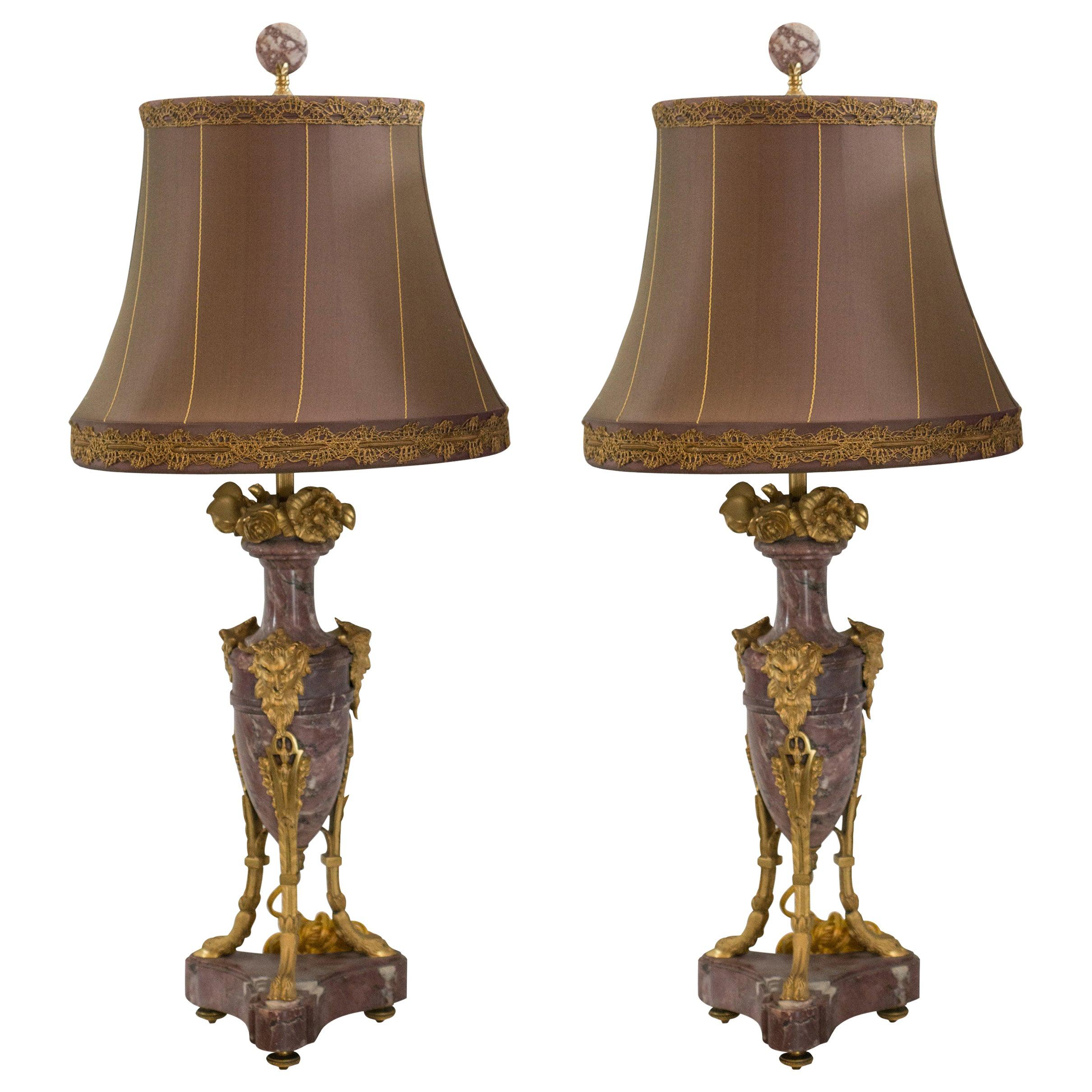 Antique Pair of French Purple Marble and Bronze Lamps with Custom Silk Shades