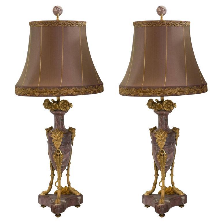 Antique Pair of French Purple Marble and Bronze Lamps with Custom Silk Shades