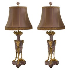 Antique Pair of French Purple Marble and Bronze Lamps with Custom Silk Shades