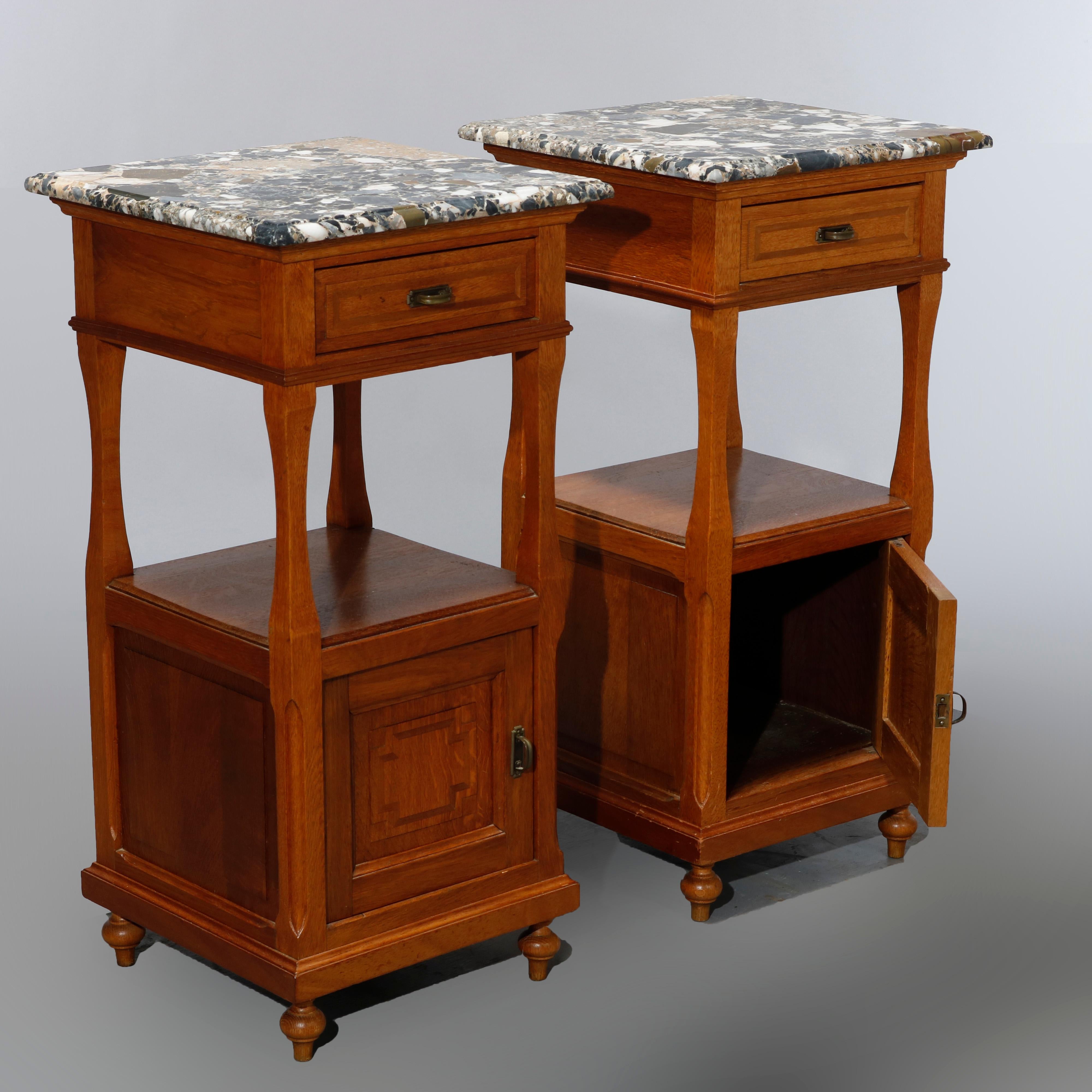 Antique Pair of French Renaissance Marble Top & Oak Side Stands, Circa 1900 4