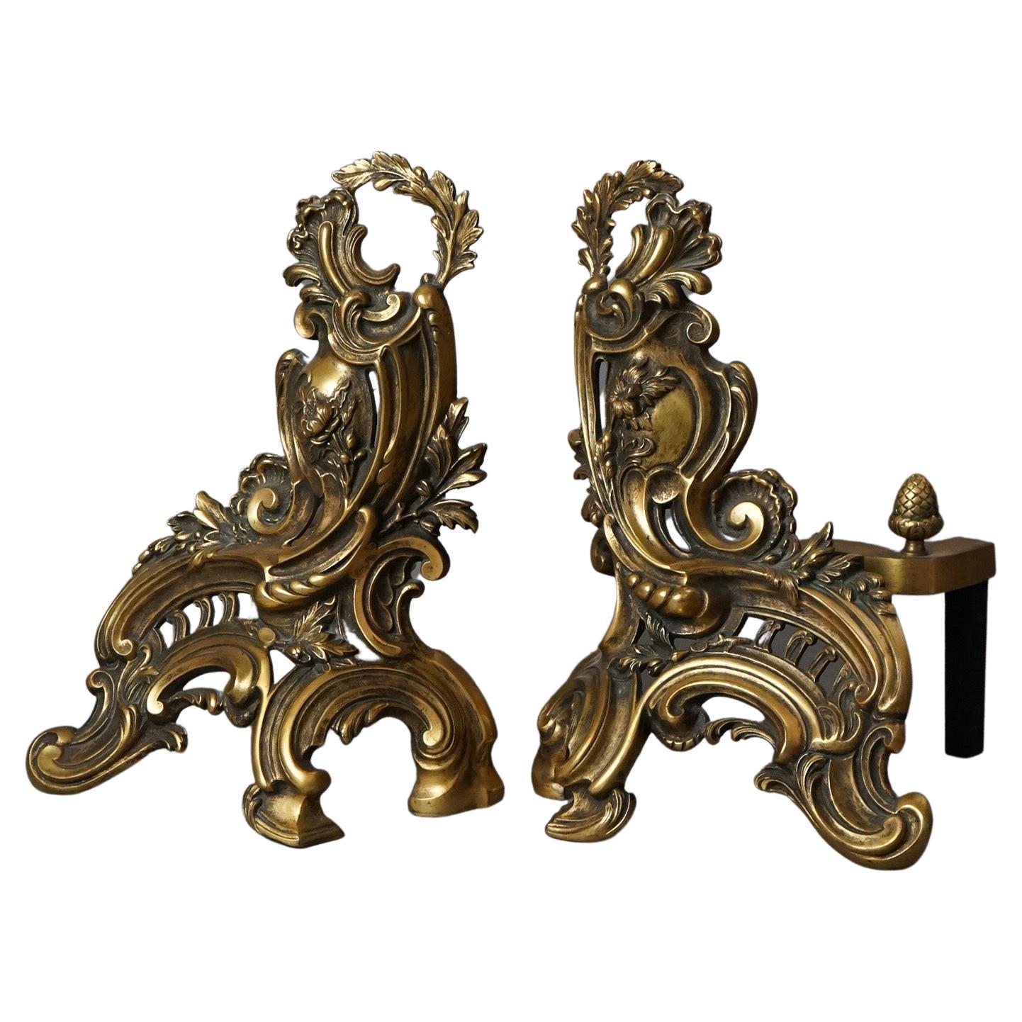 Antique Pair of French Rococo Gilt Bronze Foliate Form Fireplace Chenets 19th C For Sale