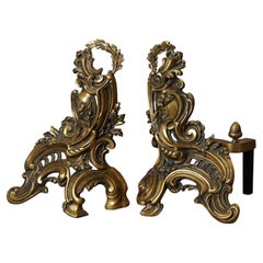 Antique Pair of French Rococo Gilt Bronze Foliate Form Fireplace Chenets 19th C