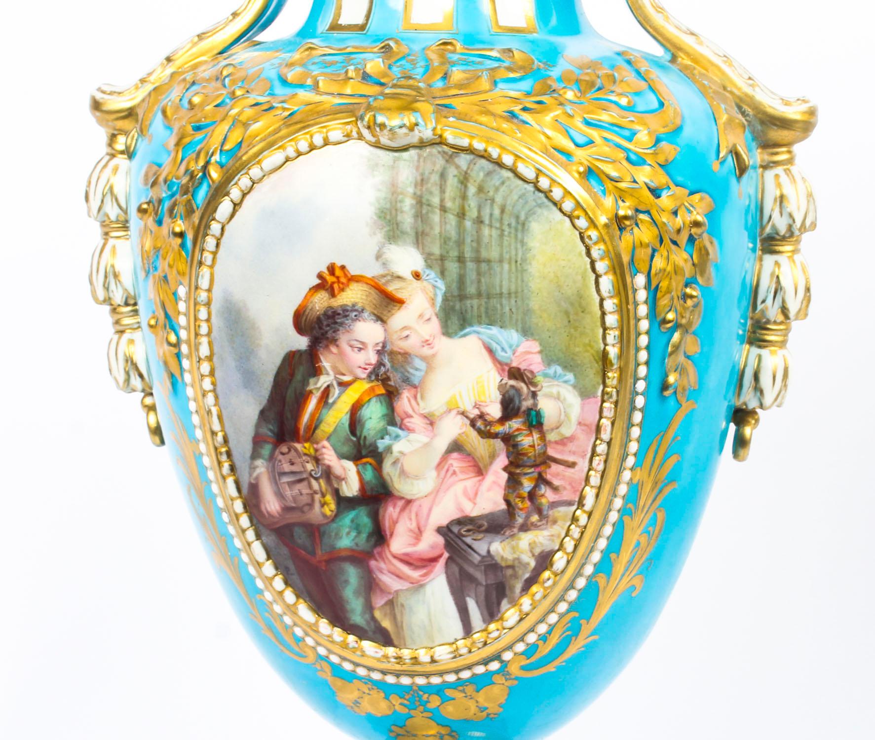 Hand-Painted Antique Pair of French Sevres Porcelain Bleu Celeste Vases, 18th Century