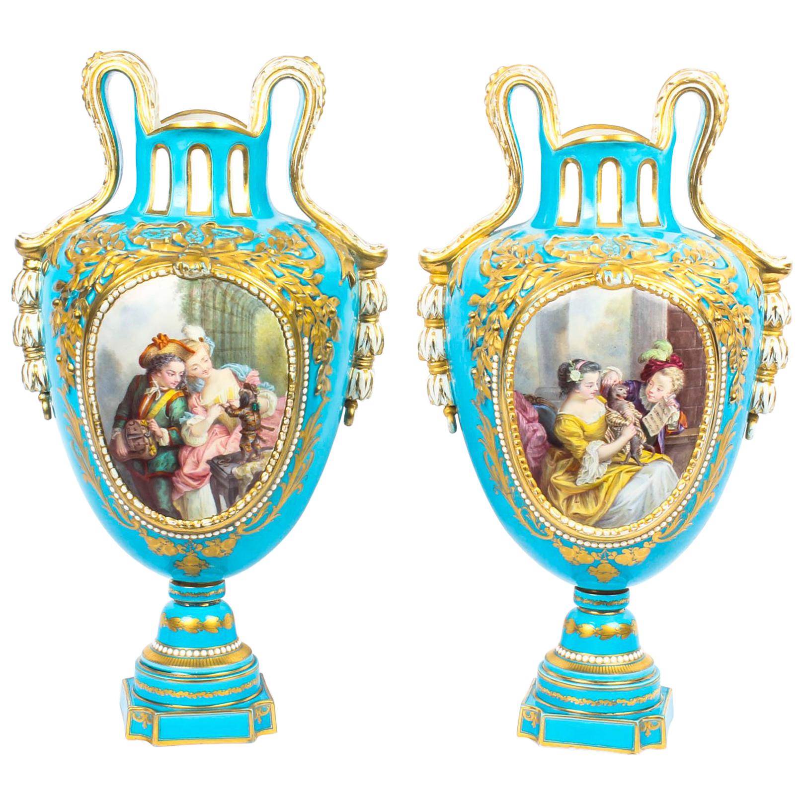 Antique Pair of French Sevres Porcelain Bleu Celeste Vases, 18th Century