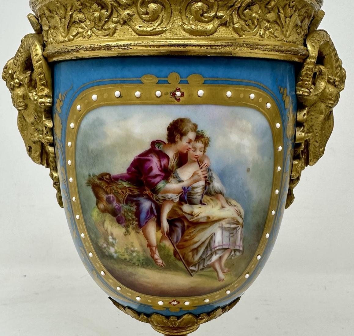 Antique Pair of French Sèvres Porcelain Ormolu Mounted Urns Vases Centerpiece 1