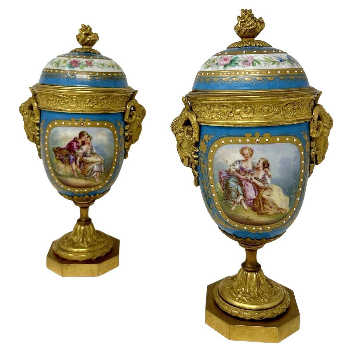 Antique Pair of French Sèvres Porcelain Ormolu Mounted Urns Vases Centerpiece
