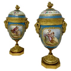 Antique Pair of French Sèvres Porcelain Ormolu Mounted Urns Vases Centerpiece