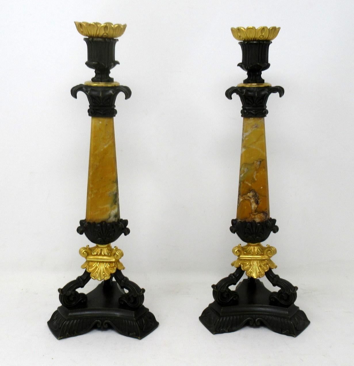 A very fine pair of French bronze & well grained sienna marble grand tour single light table or mantle candlesticks of unusually tall proportions, outstanding workmanship quality with good heavy gauge chisel cast mounts throughout, first quarter of