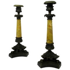 Antique Pair of French Sienna Marble Grand Tour Bronze Candelabra Candlesticks