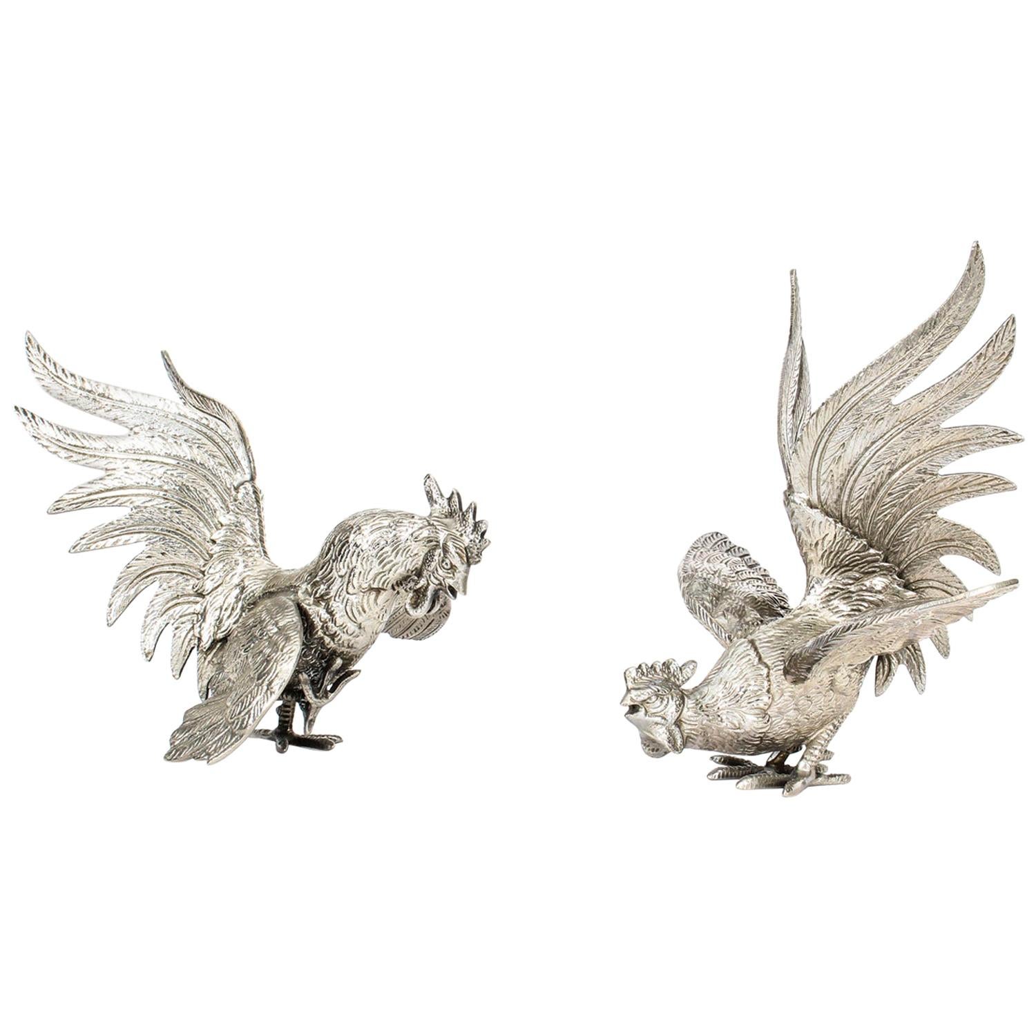 Antique Pair of French Silver Plated Fighting Cockerels, 19th Century