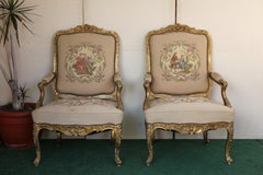 Antique Pair of French Tapestry Gild Carved Gold Wood Arm Chairs Chairs