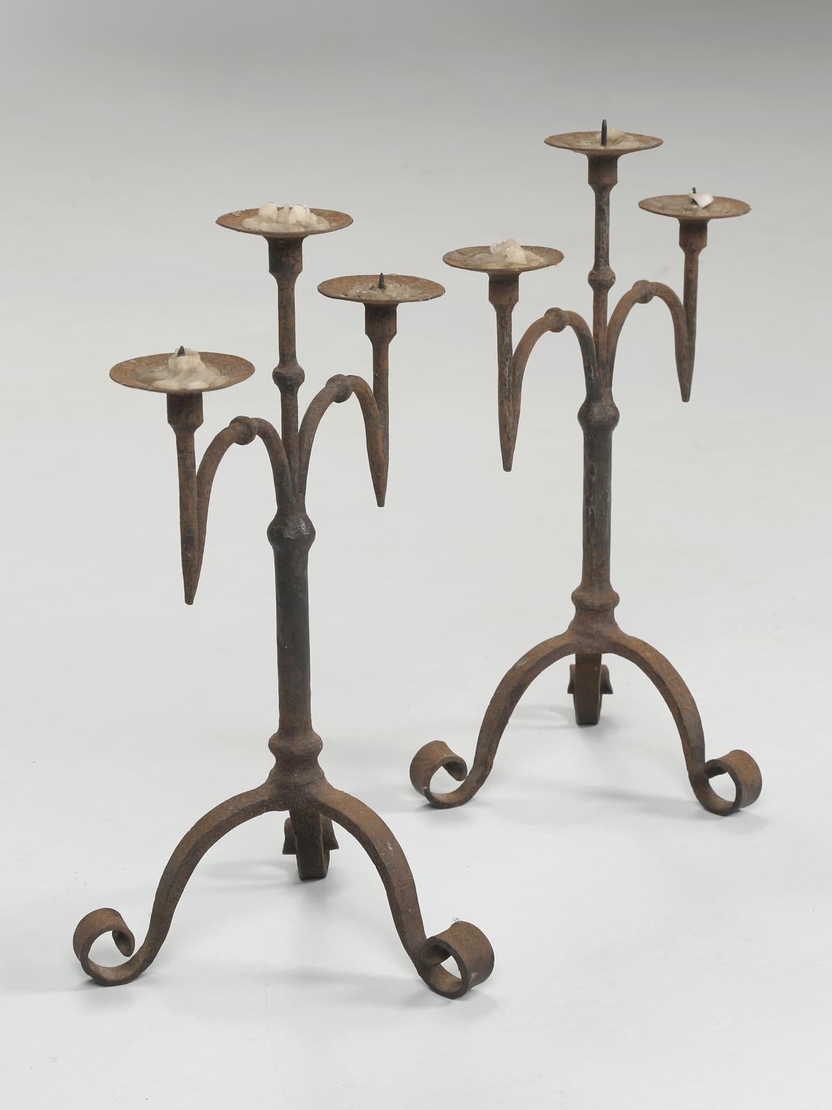 There are a few items that are very difficult to pin a date on and this unusual pair of wrought iron candlesticks is a perfect example. What we do know, is that they were recently removed from a Chateau located in the Hills above Cannes in the south