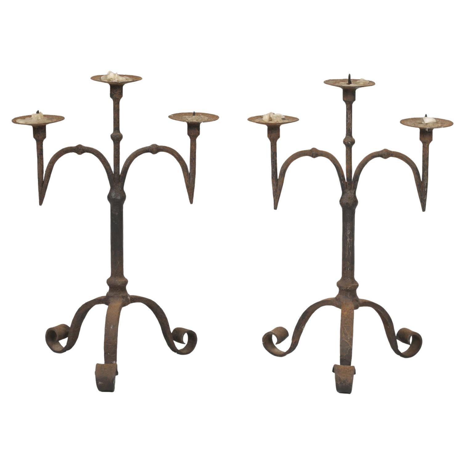 Antique Pair of French Wrought Iron Candlesticks from a Chateau Near Cannes For Sale