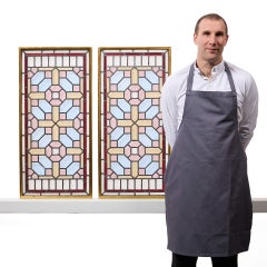 Antique Pair of Geometric Stained Glass Windows In Gilt Frames