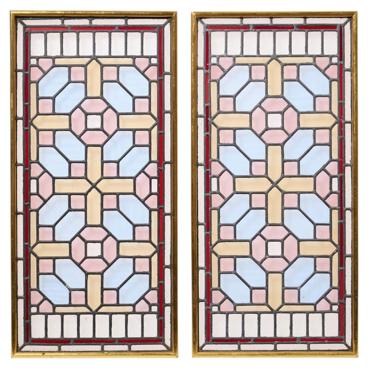Antique Pair of Geometric Stained Glass Windows In Gilt Frames
