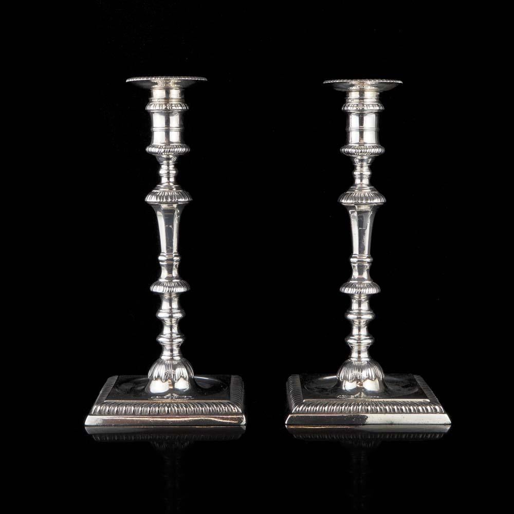 Antique Pair of George II Silver Candlesticks by William Café For Sale 9