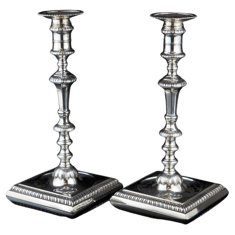 Antique Pair of George II Silver Candlesticks by William Café For Sale